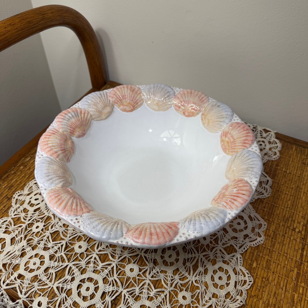 Vintage Portugal Sculptural Scallop Shell Rim Bowl Coastal Majolica Serving Dish
